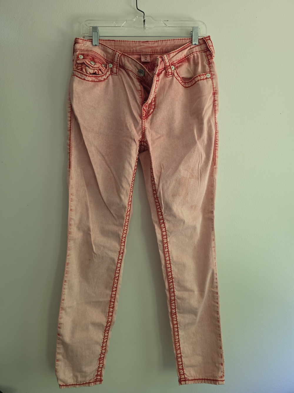 True Religion Big T Skinny Jeans Red Pink Acid Wash Contrast Stitch 31 Stretch - Picture 5 of 12